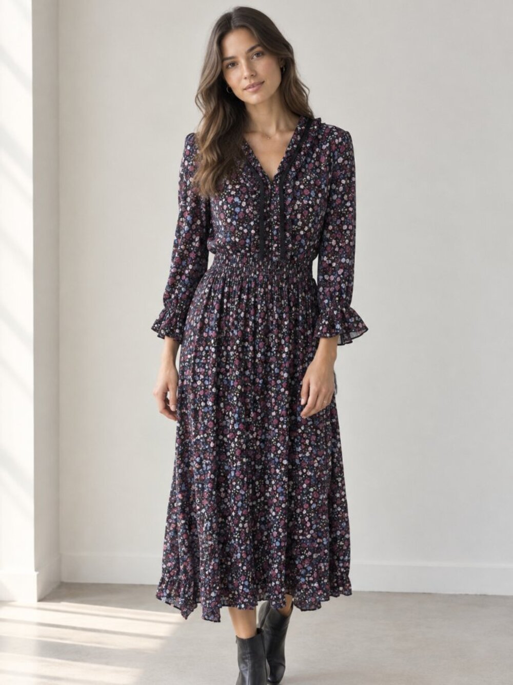 ONLY Floral Boho Midi Dress Bell Sleeve V-Neck Flowy NWT 38 M 0315